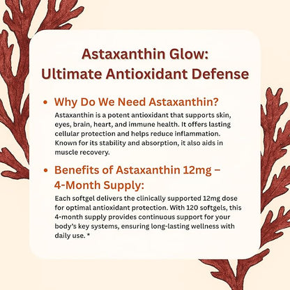 Astaxanthin 12mg - Supports Eye, Joint, Internal Circulation, Skin Health & Natural Tanning