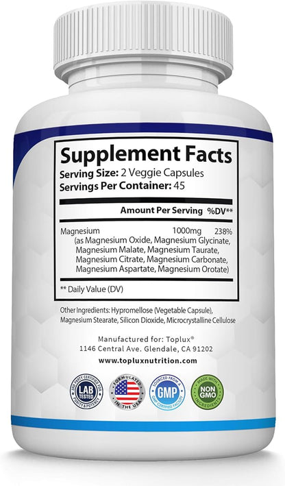 Magnesium Complex Supplement 8 Elemental 1000mg - Magnesium Glycinate, Citrate, Malate, Taurate, Chelated for Easy Absorption for Bones, Muscle, Recovery, Energy, Vegan Non-GMO 90 Capsules