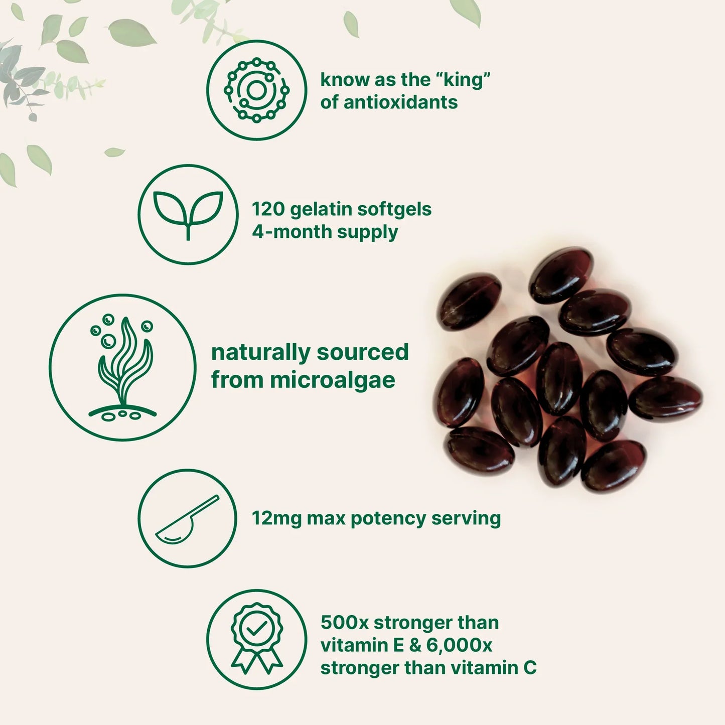 Astaxanthin 12mg - Supports Eye, Joint, Internal Circulation, Skin Health & Natural Tanning