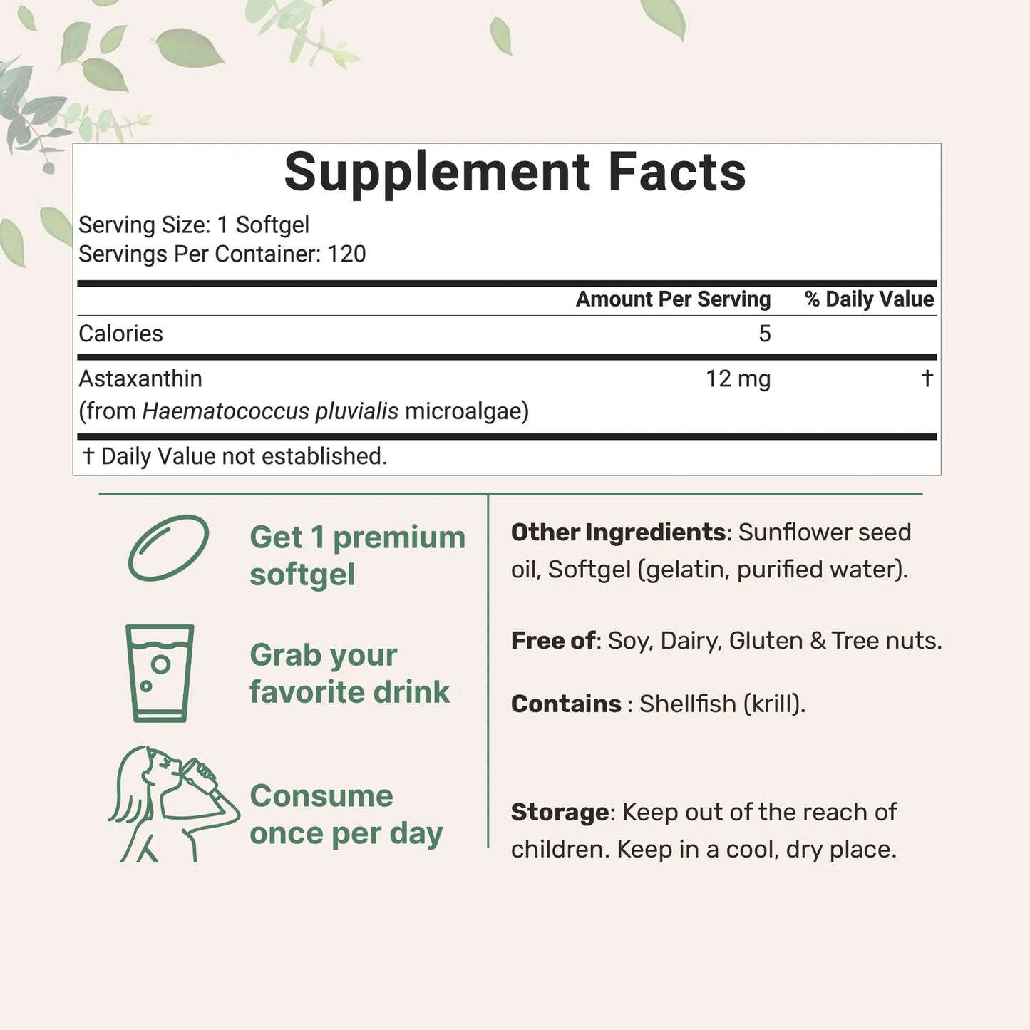 Astaxanthin 12mg - Supports Eye, Joint, Internal Circulation, Skin Health & Natural Tanning