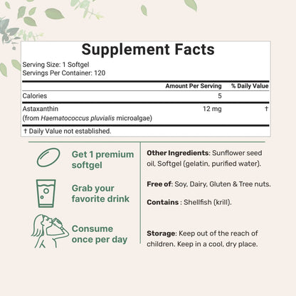 Astaxanthin 12mg - Supports Eye, Joint, Internal Circulation, Skin Health & Natural Tanning